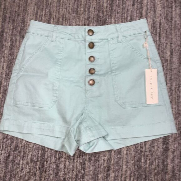 Copper Key Womens Jr 9 Button Fly Denim Jean Shorts Mint Green Patch Pockets NWT - Picture 1 of 7